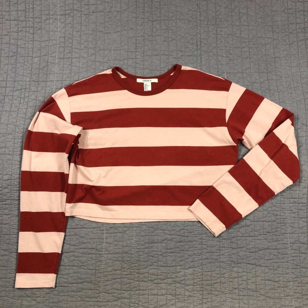4/$15 Forever 21 Shirt Women Small Red Pink Striped Long Sleeve Cropped